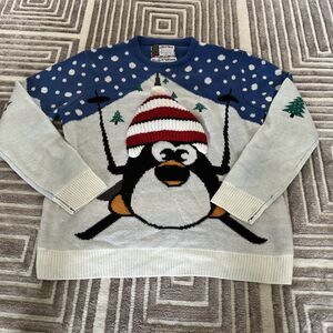 UGLY XMAS SWEATER 3D Penguin Red Hat Scarf Unisex Size XL CHRISTMAS Novelty